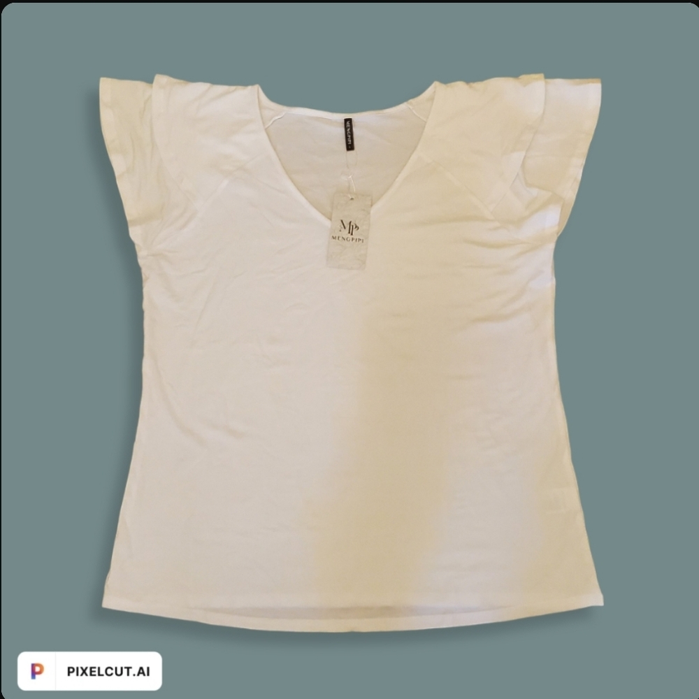 NWT Mengpipi Womens Double Ruffle Short Sleeve V-neck Casual Blouse white size:L